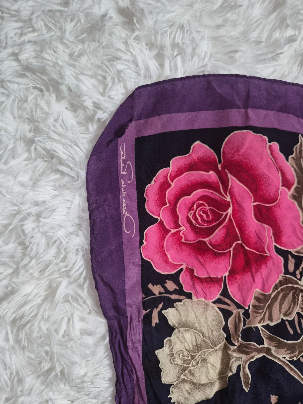 Womens Vintage Silk Scarf Oscar De La Renta Designer Purple Black Floral Print ✨